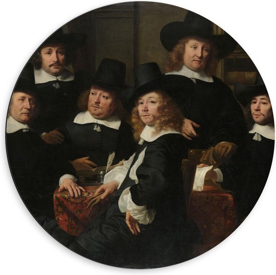 Dibond Wandcirkel - Oude Meesters - Zes regenten en de bode van het Nieuwe Zijds Huiszittenhuis te Amsterdam, 1657, Ferdinand Bol, 1657 - 60x60cm Foto op Aluminium Wandcirkel (met ophangsysteem)