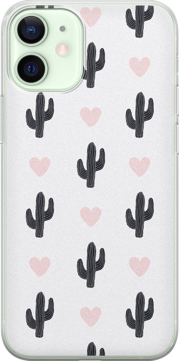 Leuke Telefoonhoesjes - Geschikt voor iPhone 12 Mini - Cactus hartjes - Soft case - TPU - Zwart