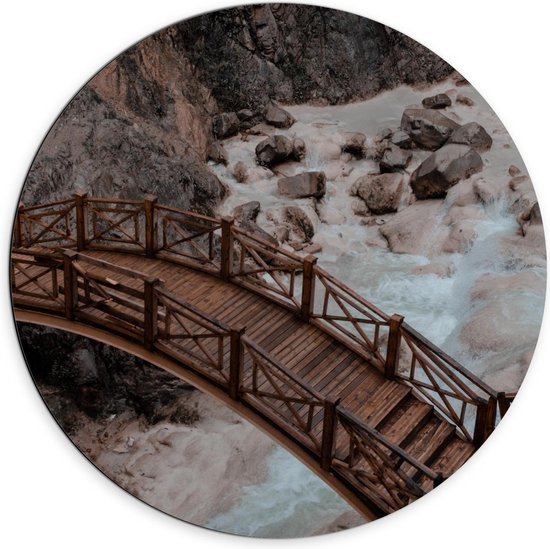 Dibond Wandcirkel - Bruine Brug over Rivier - 70x70cm Foto op Aluminium Wandcirkel (met ophangsysteem)