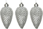 24x Zilveren dennenappels kerstballen 8 cm - Glitter - Onbreekbare plastic kerstballen - Kerstboomversiering zilver