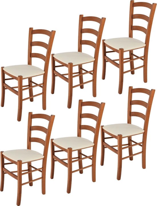 Tommychairs - Ensemble de 6 chaises modèle Venise. Très approprié pour la cuisine, la salle à manger, mais aussi pour la restauration. Structure en bois gris clair en merisier avec assise rembourrée ivoire