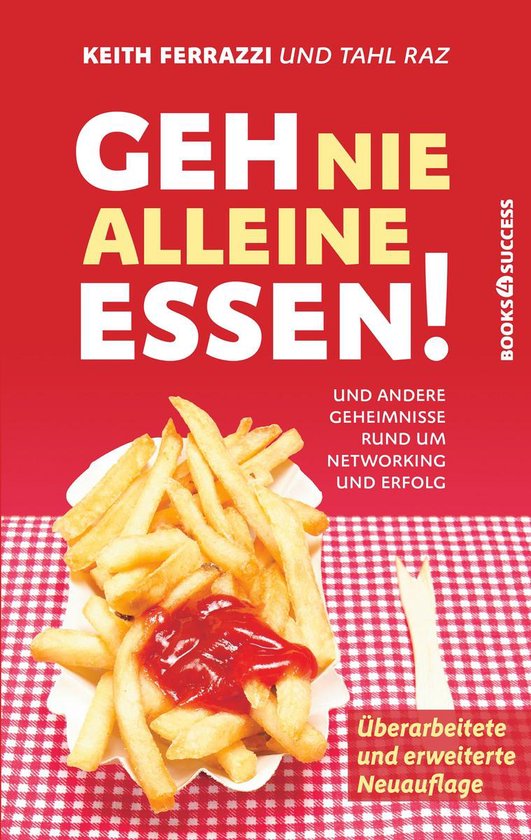 Boekomslag met de titel 'Geh nie alleine essen!' in grote letters, met een afbeelding van frietjes met ketchup.