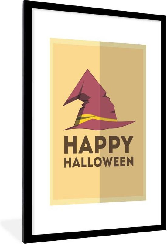 'Happy Halloween' en een heksenhoed fotolijst zwart met witte passe partout 80x120