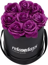 Relaxdays flowerbox zwart - 8 kunstrozen - rozenbox - bloemendoos - rozen in doos - rond - Paars