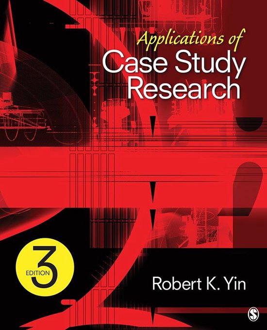 Couverture de livre avec des lignes rouges et noires, le titre "Applications of Case Study Research" et "3 EDITION" dans un cercle jaune.