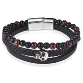 Heren armband Memphis Tijgeroog Skull Gevlochten Leer Zwart Bruin-18.5cm