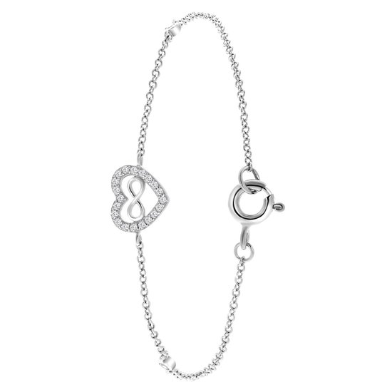 Lucardi Dames Armband hart met infinity en zirkonia - Echt Zilver - Armband - Cadeau - Moederdag - 18 cm - Zilverkleurig