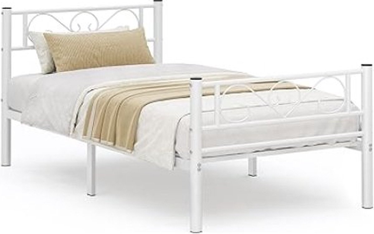 Metalen bedframe van een enkel bed frame, geschikt voor een matras van 90 x 190 cm, voor volwassenen en kinderen, geen doosveer vereist, gemakkelijke montage, voor kleine ruimtes, wit