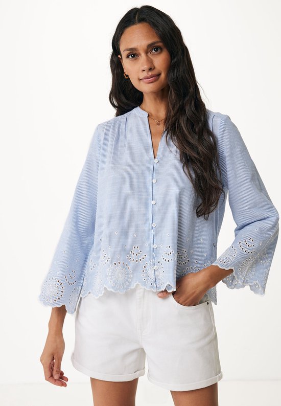Embroidery Blouse With Gathering Details Dames - Light Faded Blauw - Maat L