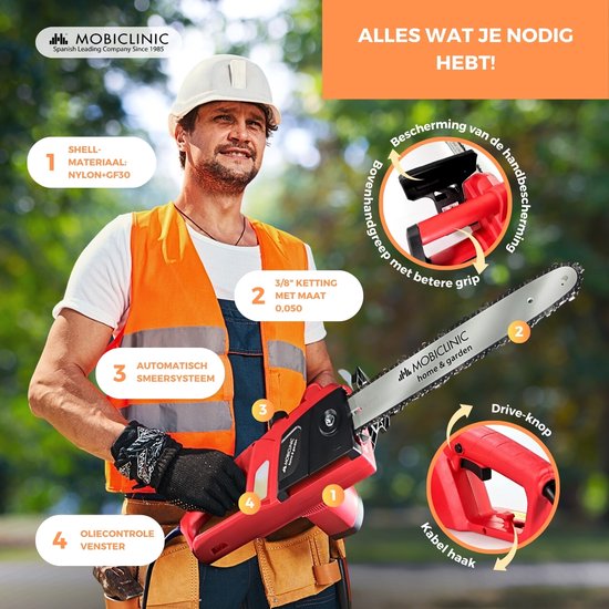 Mobiclinic® Timberpro - Elektrische kettingzaag met snoer - 1800W - Snijlengte 40 cm - Zaagbescherming - Zelfsmering - Licht en veilig - Met handvat - Snelheid 13 m/s - Tot 120 ml - Olieraam van Merkloos	 — afbeelding 3