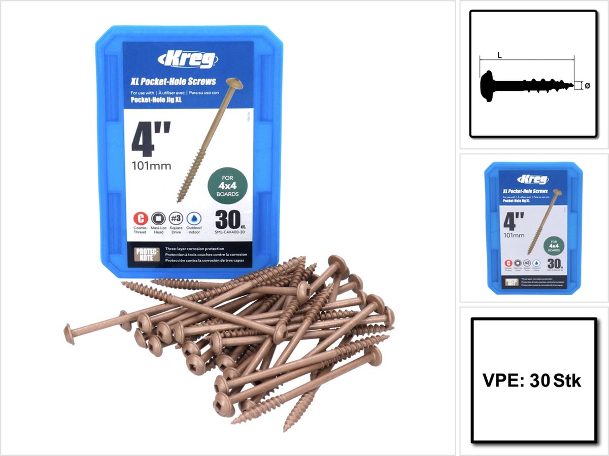 Kreg XL Pocket boring schroeven met sluitringkop, grof, 100 mm, #14, 30 stuks
