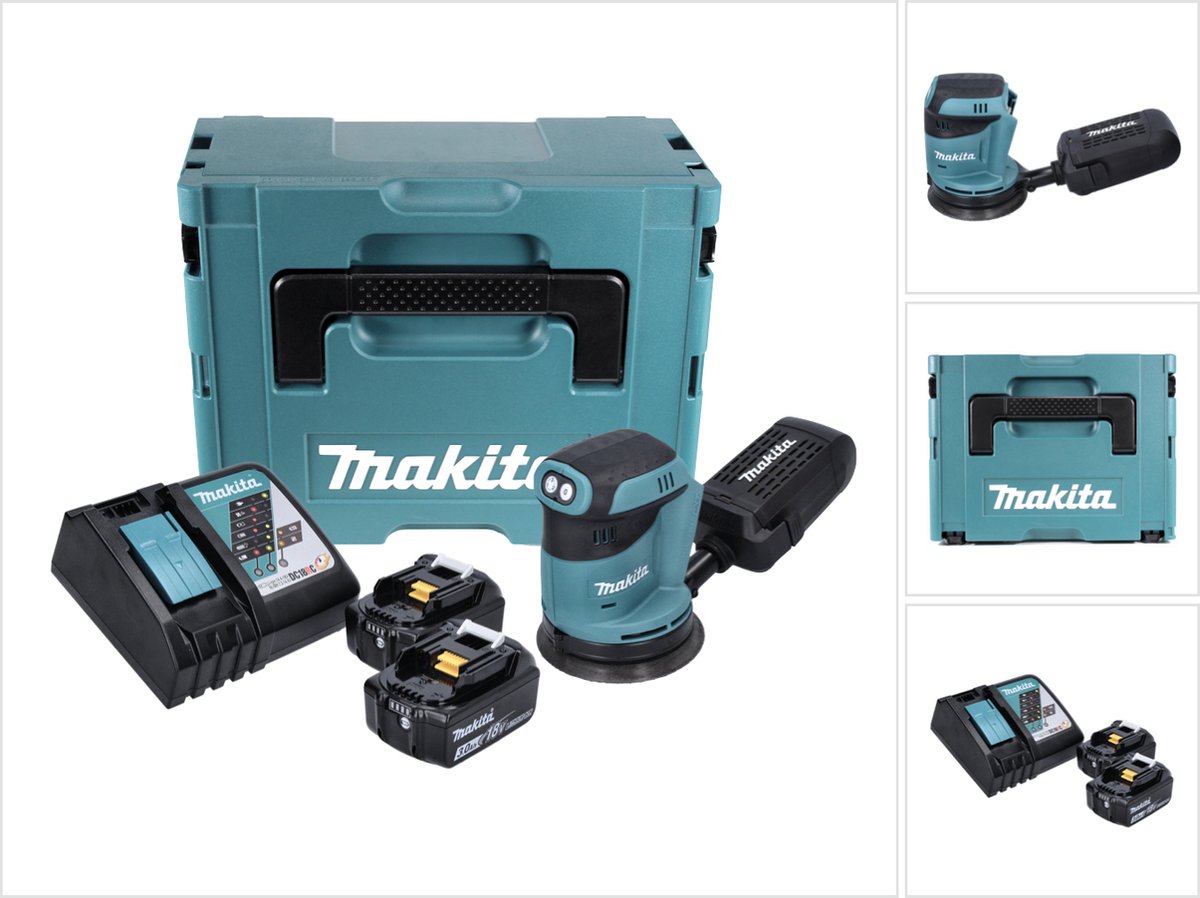 Makita DBO 180 RFJ accu excentrische schuurmachine 18 V 125 mm + 2x accu 3,0 Ah + oplader + Makpac