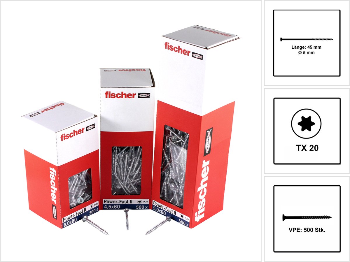 Fischer 500x Power-Fast II FPF II CTP 5 x 45 mm BC verzonken kop met binnenster TX20 deeldraad galvanisch verzinkt blauw gepassiveerd - 670375
