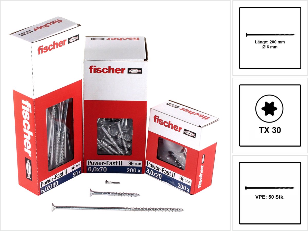 Fischer 50x Power-Fast II FPF II CTP 6 x 200 mm BC verzonken kop met binnenster TX30 deeldraad gegalvaniseerd blauw gepassiveerd - 670696