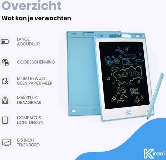 Tekenbord kinderen Kiraal - Tekentablet - LCD Tekentablet kinderen - Grafische tablet kinderen - Kindertablet Blauw - 10 inch