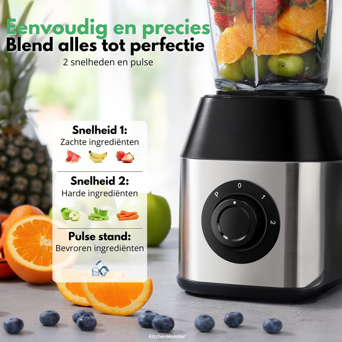 KitchenMonster Blender Pro 1200 Watt - Smoothie Maker 1.5 Liter met 3 standen – foto 4