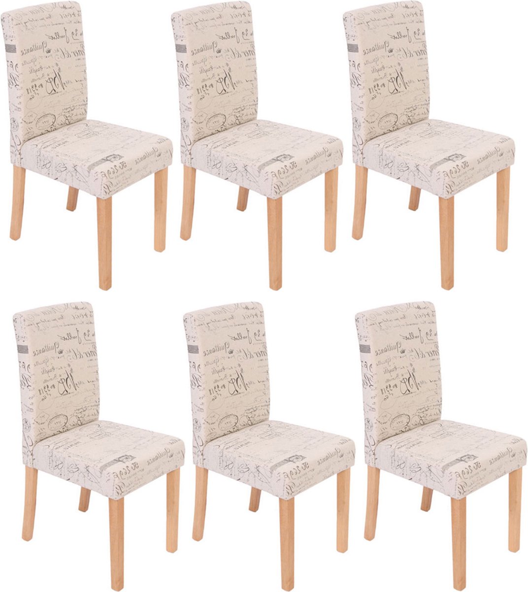Cosmo Casa Set Van 6 Eetkamerstoelen - Keukenstoelen - Textiel Met Belettering - Crème - Licht Poten