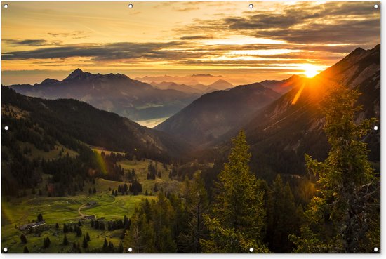 Muurdecoratie Alpen - Berg - Zon - 180x120 cm - Tuinposter - Tuindoek - Buitenposter