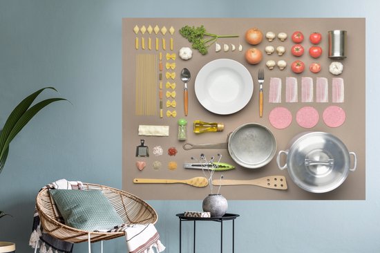 Sticker Muursticker Flat Lay Food - Table avec accessoires de cuisine - 120x90 cm - film autocollant - sticker mural repositionnable