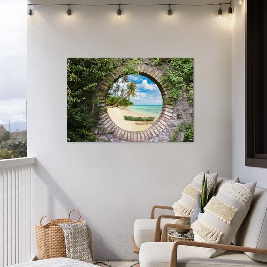 Jardin - Palmier - Vue - Pierre - Canoë - Toile de clôture - 120x80 cm - Affiche de jardin - Toile de jardin