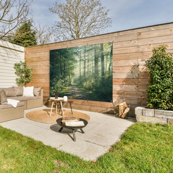 Poster de jardin Forêt - Chemin - Soleil - Arbres - Vert - Nature - 170x120 cm - Décoration murale Outdoor - Poster de jardin - Toile de jardin - Poster de clôture - Tableau de jardin