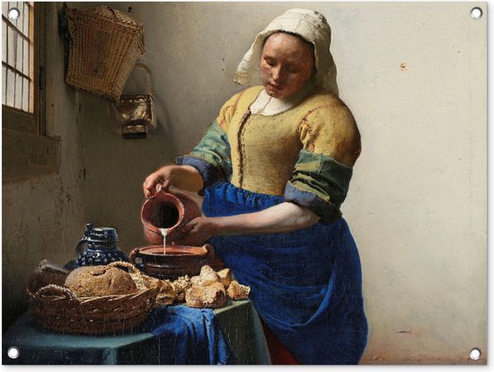 Tuinschilderij Het melkmeisje - Schilderij van Johannes Vermeer - 80x60 cm - Tuinposter - Tuindoek - Buitenposter