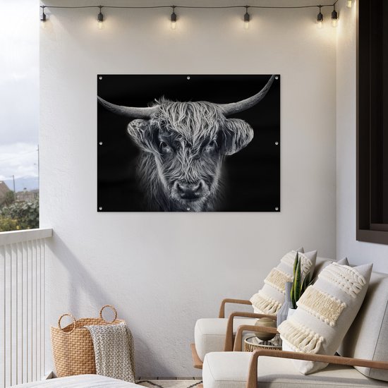 Affiche de jardin Highlander écossais - Zwart - Vache - Animaux - 130x90 cm - Décoration murale extérieure - Affiche de jardin - Toile de jardin - Affiche de clôture - Peinture de jardin