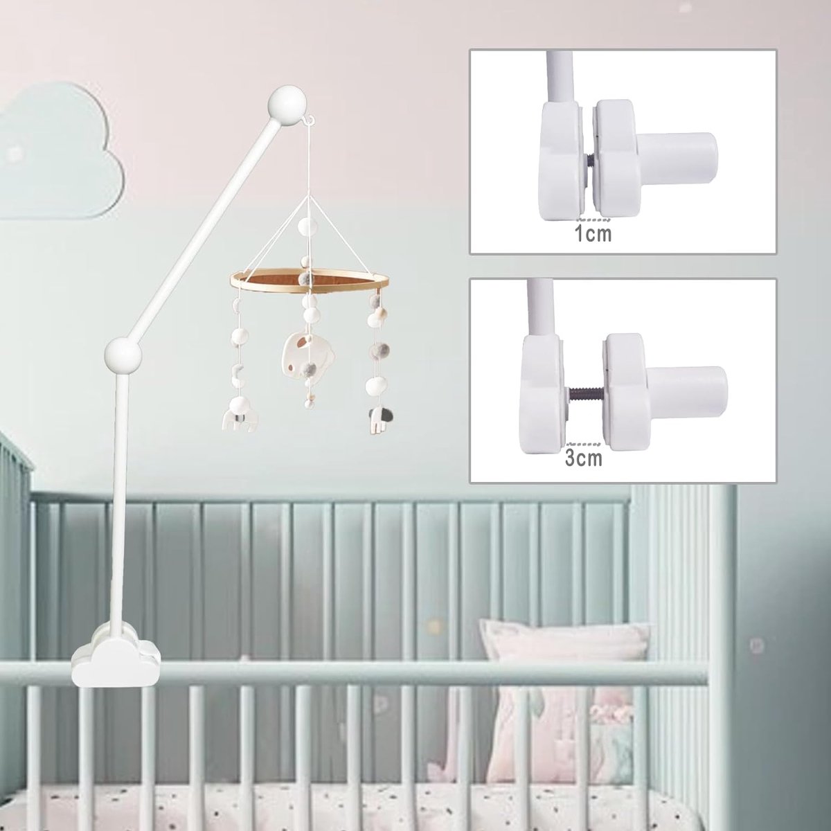 OAKENCREST - Support Rotatif Pour Mobile Bébé En Forme De Nuage, Fixation Facile Sur Berceau Ou Table à Langer - Bois Naturel - Blanc