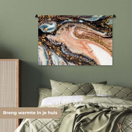 Wandkleed - Wanddoek - Marmerlook - Goud - Zwart - Glitter - Chic - 90x60 cm - Wandtapijt