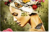 Muurdecoratie Vrouw - Bloemen - Kleuren - Vlinders - Rozen - Hoofddoek - 180x120 cm - Tuinposter - Tuindoek - Buitenposter