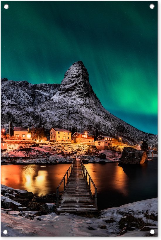 Posters de jardin extérieur Aurores Boréales - Islande - Neige - Village - Vert - Montagnes - 60x90 cm - Toile de jardin - Affiche extérieure