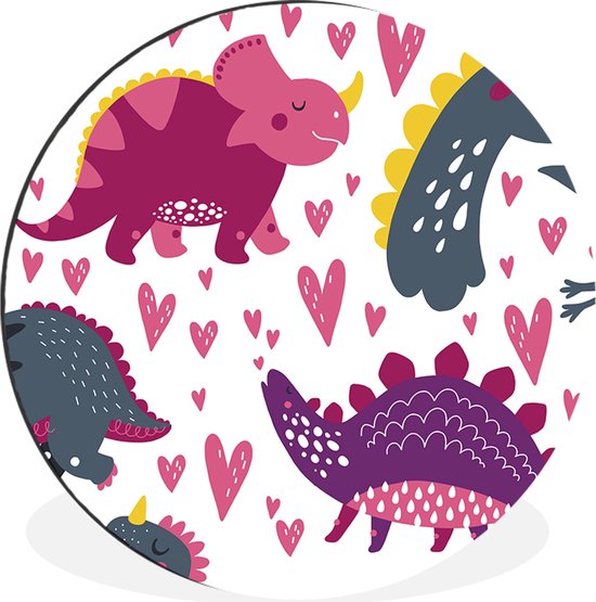 WallCircle - Wandcirkel - Muurcirkel - Dino - Hart - Patronen - Roze - Meisjes - Dinosaurus - Aluminium - Dibond - ⌀ 30 cm - Binnen en Buiten