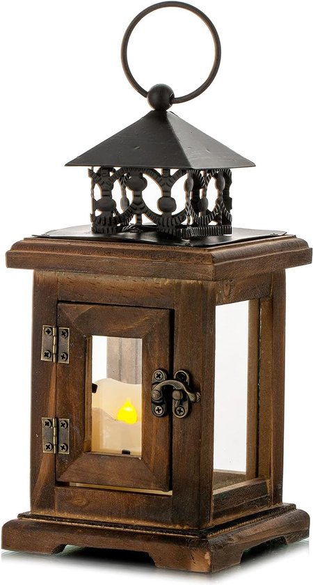 H&S Collection Lantaarn - hout met stof - zwart - 34 cm | Leen Bakker
