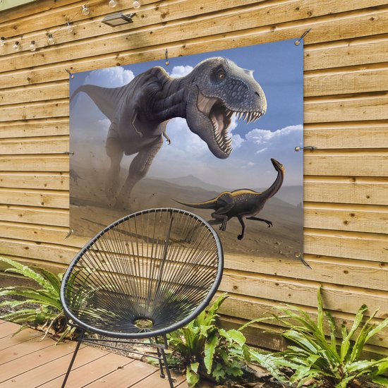 Affiche de jardin Dino - Animaux sauvages - Dessin - Enfants - Garçons - Enfants - 130x90 cm - Décoration murale Extérieur - Affiche de jardin - Toile de jardin - Affiche de clôture - Peinture de jardin