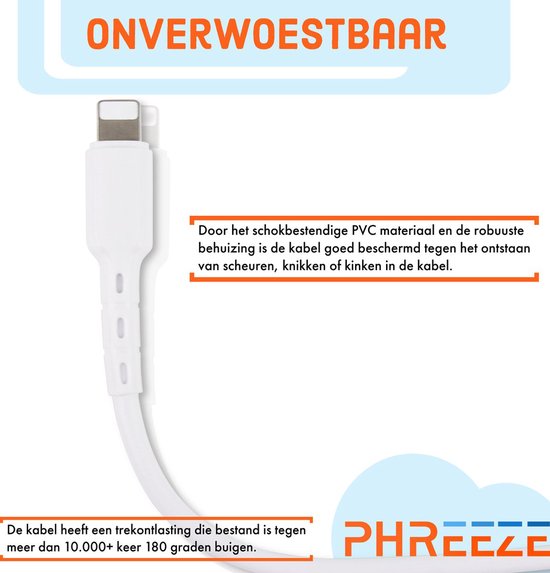Onbreekbare witte USB-C naar Lightning kabel met versterkte behuizing en trekontlasting voor meer dan 10.000 180-graden bochten.