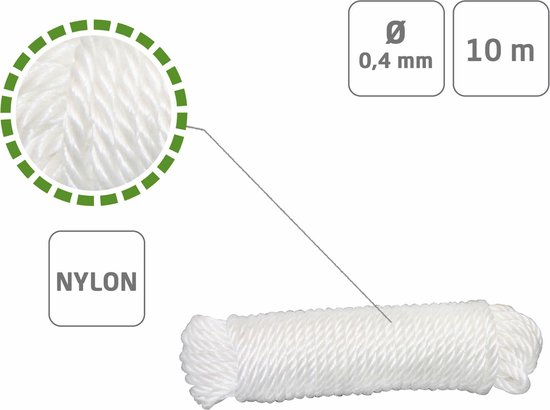 AMIG Corde - 3x - 10 mètres - D4mm - nylon - blanc - corde à linge - jardin