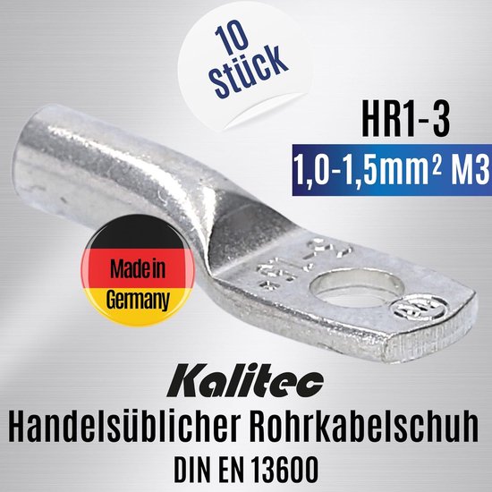 10 cosses de câble tubulaires standard Kalitec HR1-3 1,0-1,5 mm² M3 I sans trou de visualisation I Fabriqué en Allemagne