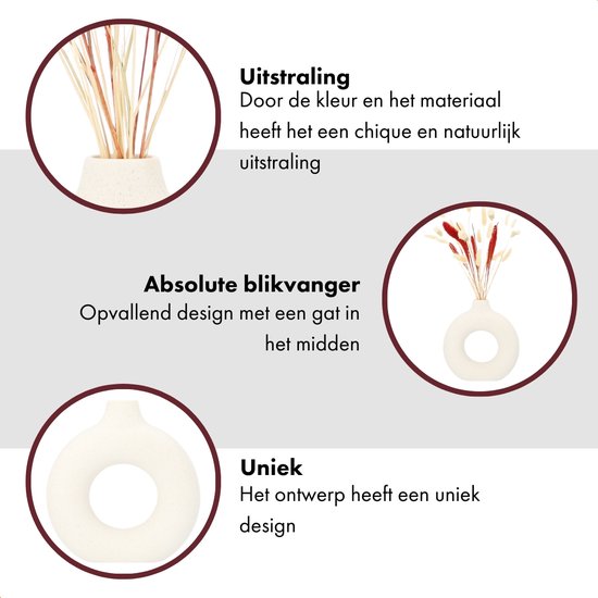 Moderne witte ronde vaas met een opvallend gat in het midden, met gedroogde bloemen.