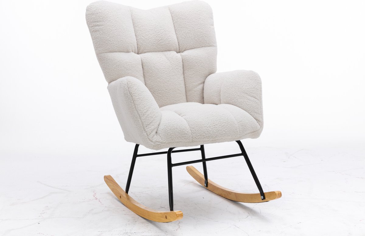 Merax Moderne Schommelstoel - Schommelstoel in Teddy Stof - Mid Century Fauteuil - Wit