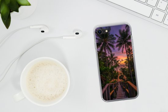 Convient pour coque iPhone SE 2020 - Coucher de soleil - Palmiers - Plage - Coque de téléphone en Siliconen