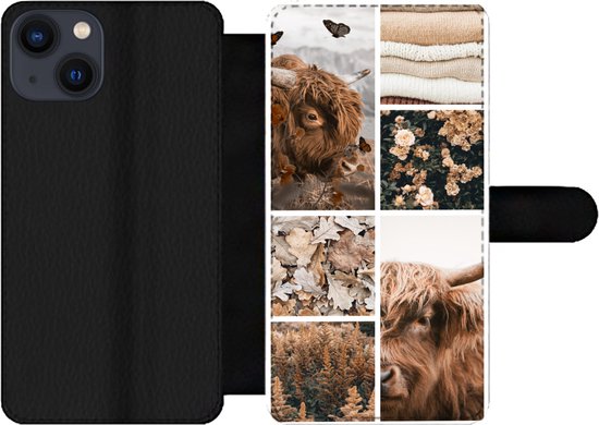 Étui pour téléphone iPhone 13 Bookcase - Highlander écossais - Collage - Fleurs - Avec compartiments - Étui portefeuille avec fermeture magnétique