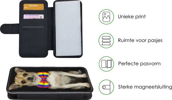 Telefoonhoesje Geschikt voor iPhone 11 Pro Max telefoonhoesje - Hond - Strik - Zwart - Met vakjes - Wallet case met magneetsluiting
