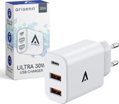 Arisenn® ULTRA QC 30W USB (C) Oplader Quick Charge snellader wit voor smartphones en tablets. iPhone lader - Wereldwijd te gebruiken, multi-poort laden met meerdere beveiligingen. Geschikt voor Apple, Samsung, Huawei, OPPO en meer. NL stekker