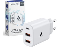 Arisenn® ULTRA QC 30W USB (C) Oplader Quick Charge snellader wit voor smartphones en tablets. iPhone lader - Wereldwijd te gebruiken, multi-poort laden met meerdere beveiligingen. Geschikt voor Apple, Samsung, Huawei, OPPO en meer. NL stekker