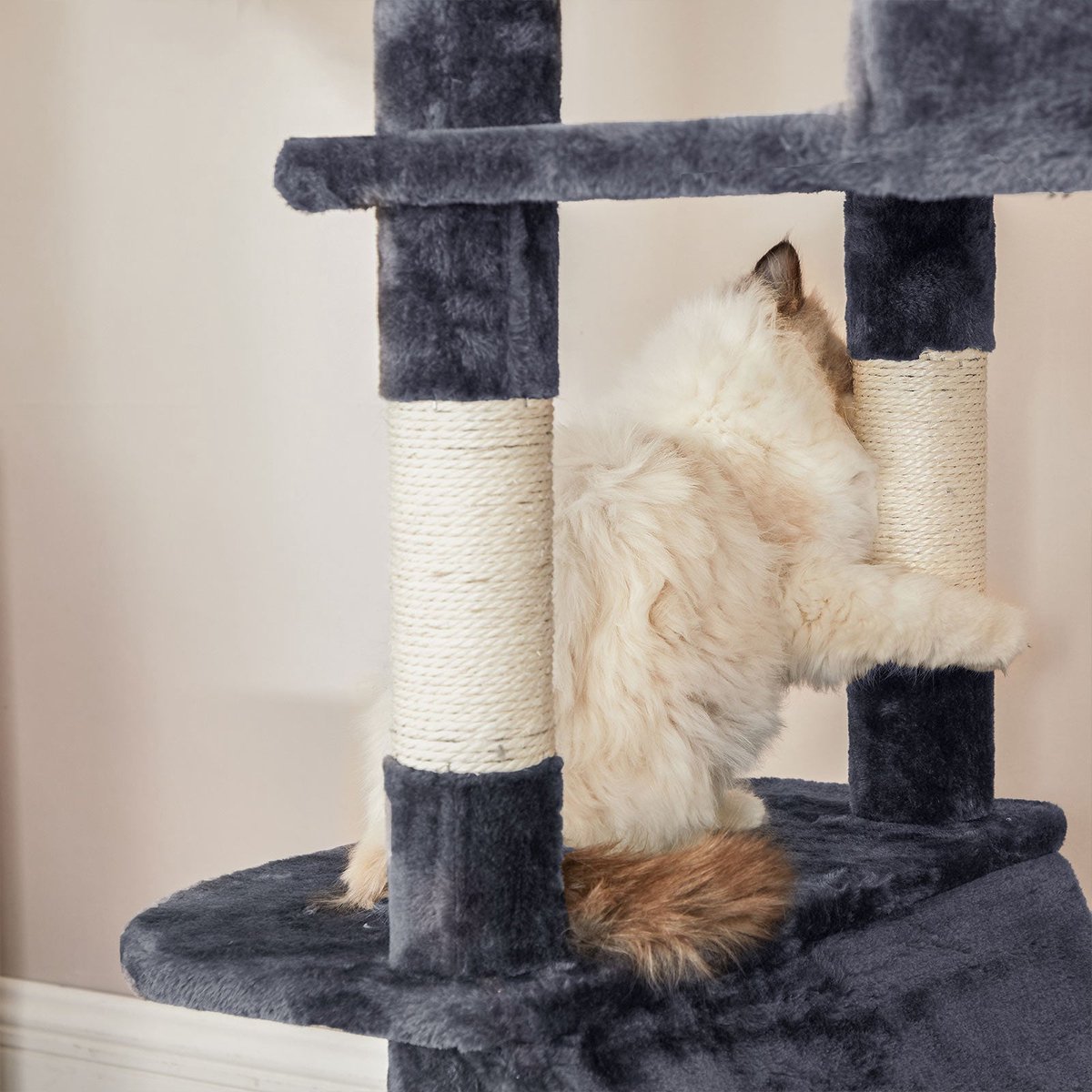 Krabpaal groot, 206 cm hoog, XXL kattenboom, met 13 krabzuilen, 2 platforms, 2 holten, mand, hangmat, pluche ballen, meerlaagse kattenkrabpaal, rookgrijs thumbnail 5