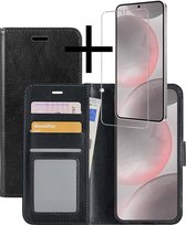 Hoes Geschikt voor Samsung S24 Hoesje Book Case Hoes Flip Cover Wallet Bookcase Met Screenprotector - Zwart.