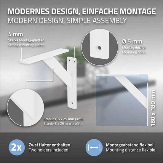 Plankdrager Radiator ML-Design 6 stuks plankdrager 180x180 mm, wit, aluminium, zwevende ...