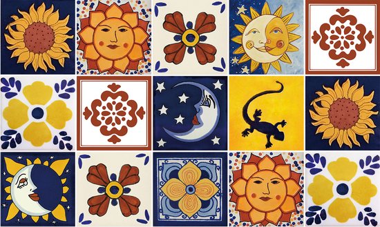 Ulticool Decoratie Sticker Tegels - Zon Mexicaans Gekko Mexico - Meubelfolie Vierkant Folie Keukenkast - 15x15 cm - 15 stuks Plakfolie Tegelstickers - Plaktegels Zelfklevend - Badkamer - Keuken