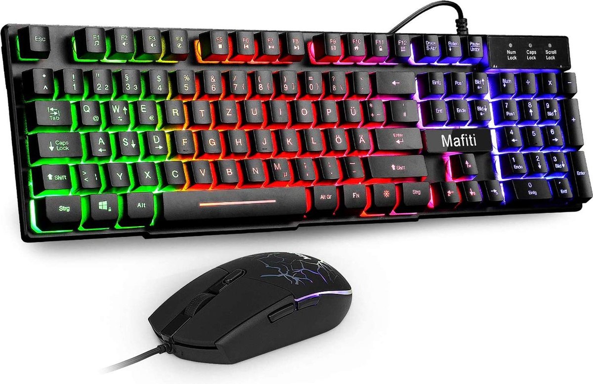 Beroli - Mafiti Gaming Toetsenbord en Muis Set - Kabelgebonden Toetsenbord-Muisset - LED-achtergrondverlichting - QWERTZ (DE-lay-out) - Regenboogkleuren Verlichting - Toetsenbord en Muis voor Gaming en Kantoor