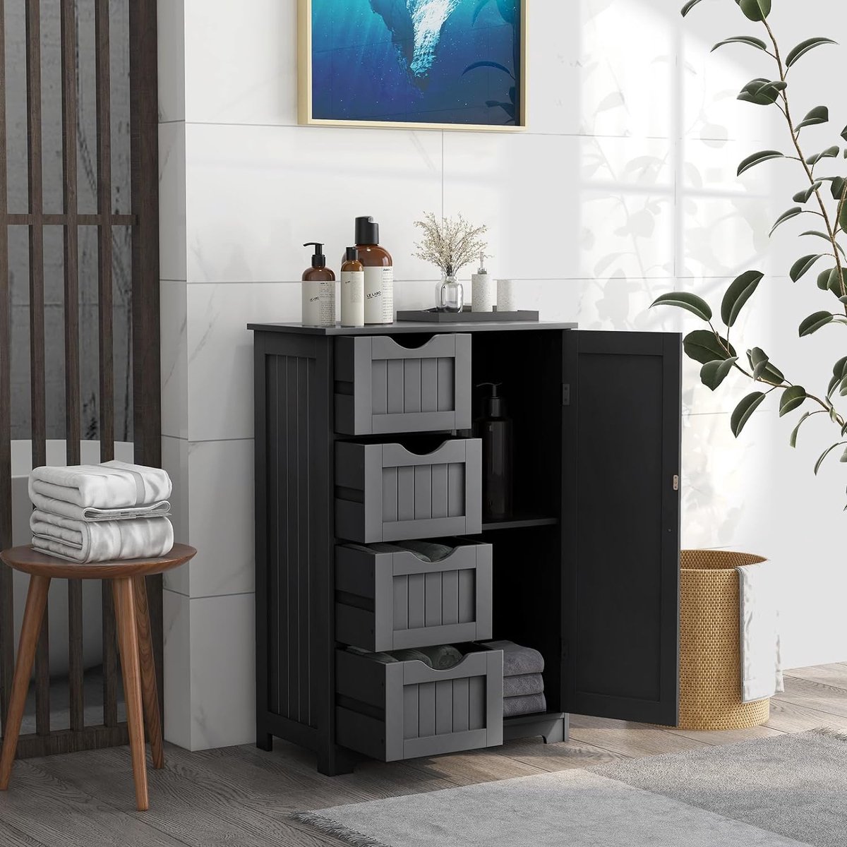 FANTASK Badkamerkast voor woonkamer, badkamer, keuken, vrijstaande hoge kast met kantelbeveiliging en 4 deuren en lade en verstelbare plank, 60 x 30 x 160 cm